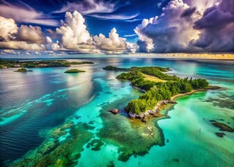 Mysterious Bermuda Triangle Aerial Views with Turquoise Waters and Cloudy Skies Above the Ocean