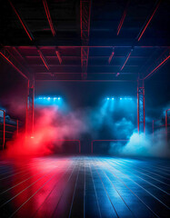 black gym background dark lights with red and blue neon lights copy space .Sport concept, healthy active lifestyle for sport product.Generative AI