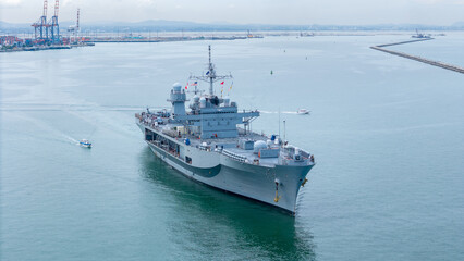Nuclear war ship, Navy ship, Military navy carrier Helicopter. nuclear carrier running in the ocean.