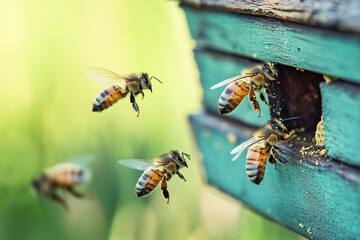 Honeybees Flying In and Out of a Wooden Hive with Pollen Baskets on Their Legs: The Busy Life of a Bee Colony