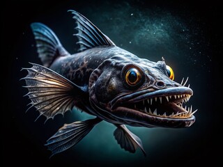 Obraz premium Mysterious Black Dragonfish Predators Gliding Through the Dark Depths of the Ocean Environment