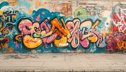 Obraz premium A graffiti-covered urban wall, showcasing vibrant colors, bold lines, and an edgy, artistic vibe