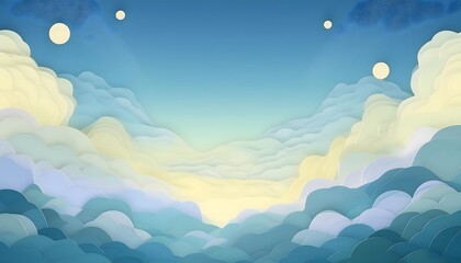 The sky background is filled with pastel fluffy clouds in a paper layer format.