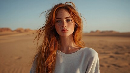 young redhead girl in a white sweatshirt exploring the desert landscape showcasing her adventurous spirit and love for outdoor fashion