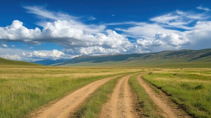 Obraz premium The dirt road meanders through endless grassland with mountains and a bright blue sky as a backdrop. Perfect for tranquil, open landscapes