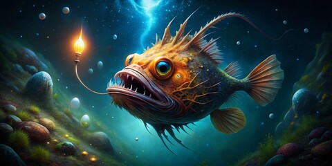 Fototapeta premium Mysterious Sea Anglerfish Glowing in the Deep Ocean with Bioluminescent Lure and Unique Features