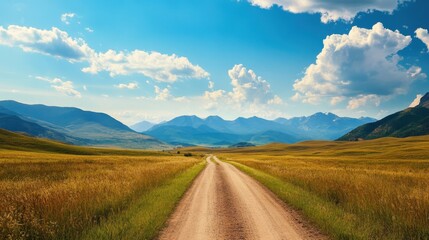 The dirt road meanders through endless grassland with mountains and a bright blue sky as a backdrop. Perfect for tranquil, open landscapes