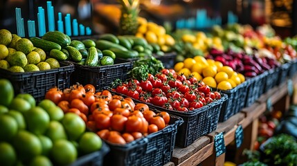 Obraz premium A collection of market-ready vegetables and fruits placed on a table, with an export growth chart displayed in the background, subtly integrated into the scene