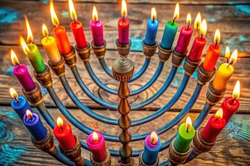 Oil Filled Menorah with Colorful Candles Displayed for Celebration of Jewish Traditions and Holidays
