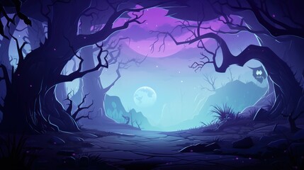 A Creepy Forest Path Under a Purple Moon with a Glowing Creature