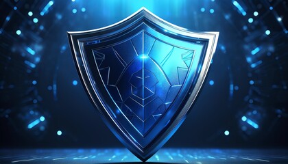 A glowing blue shield against a dynamic, dark background, symbolizing protection and strength in a digital realm.