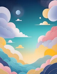 The sky background is filled with pastel fluffy clouds in a paper layer format.