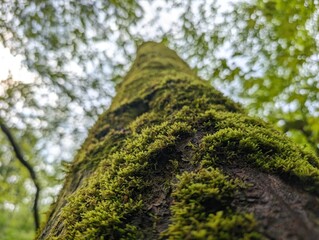 Moss covered tree in green forest