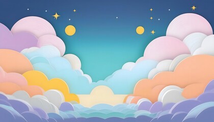 The sky background is filled with pastel fluffy clouds in a paper layer format.