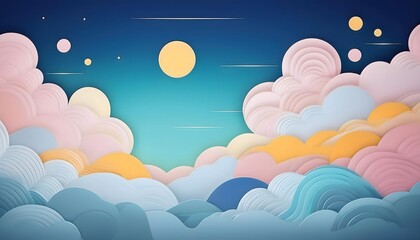Fototapeta premium The sky background is filled with pastel fluffy clouds in a paper layer format.