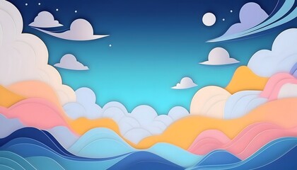 The sky background is filled with pastel fluffy clouds in a paper layer format.