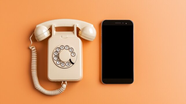 A vintage rotary phone and a modern smartphone side by side on a bright orange background, illustrating the evolution of communication technology.