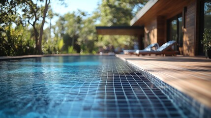 Fototapeta premium stylish swimming pool pump powered by solar energy with visible panels on a beautiful wooden deck emphasizing the benefits of green technology in outdoor spaces