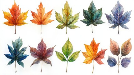 Obraz premium Watercolor Autumn Leaves Collection Fall Foliage Illustration