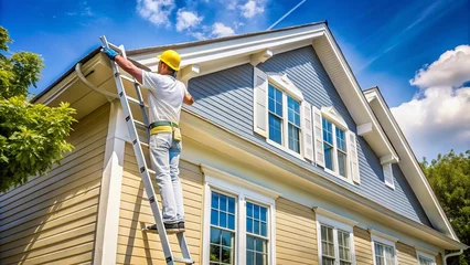 Professional Painting Contractor at Work Applying Fresh Coat of Paint to a Residential Home Exterior © Man888