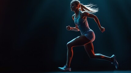 Obraz premium powerful athletic woman in a sprinting pose on a dark backdrop representing the essence of motivation and strength in sports and fitness training