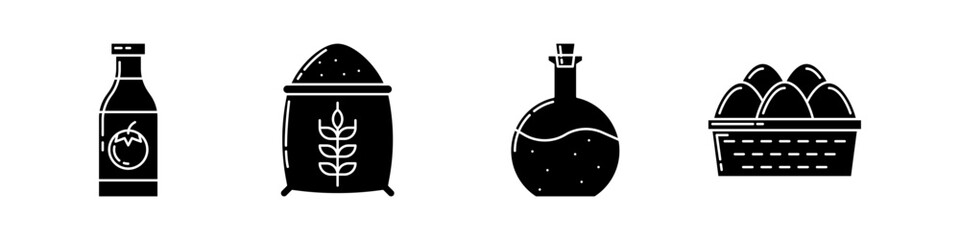 Set of 4 Food Items,  Tomato Sauce, Flour, Olive Oil, and Eggs, Black Glyph Icon Set