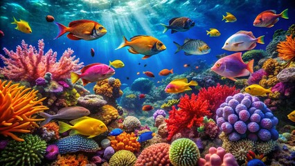 Obraz premium Rare and Colorful Fish Species Swimming in Vibrant Coral Reef Underwater Habitat in Ocean