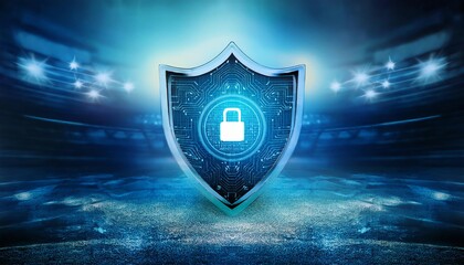 Fototapeta premium A high-tech shield symbolizing cybersecurity, featuring a padlock and digital patterns, set against a vibrant background.