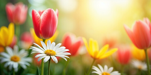 Fototapeta premium Spring Nature Seasonal Background with Colorful Flowers and Bright Sunny Sky 
