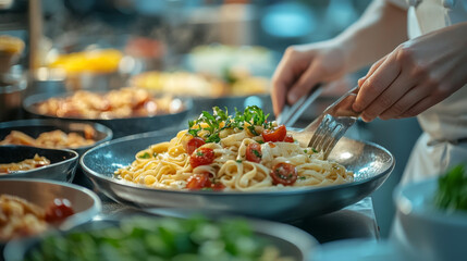A chef plating a heaping portion of pasta with tomatoes and herbs.