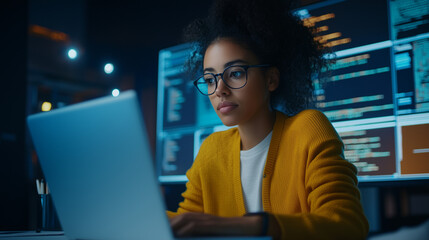 Portrait of a Multiethnic QA Engineer Working on Finding and Fixing Bugs in a Product or Program Software Code Before the Launch. Female Using Laptop Computer, Collaborating with Developers Online.