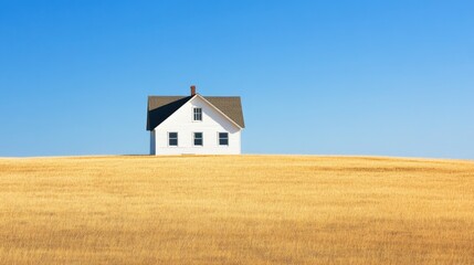The solitary white house stands in a wide-open golden field with a bright blue sky overhead. Perfect for serene and peaceful landscapes