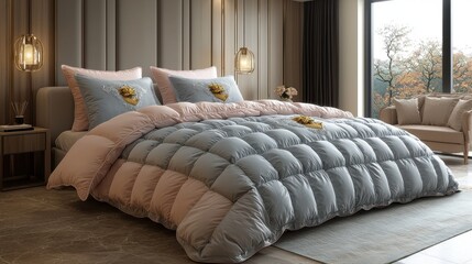 Fototapeta premium Luxurious Bedroom Interior Design with Gray and Pink Bedding