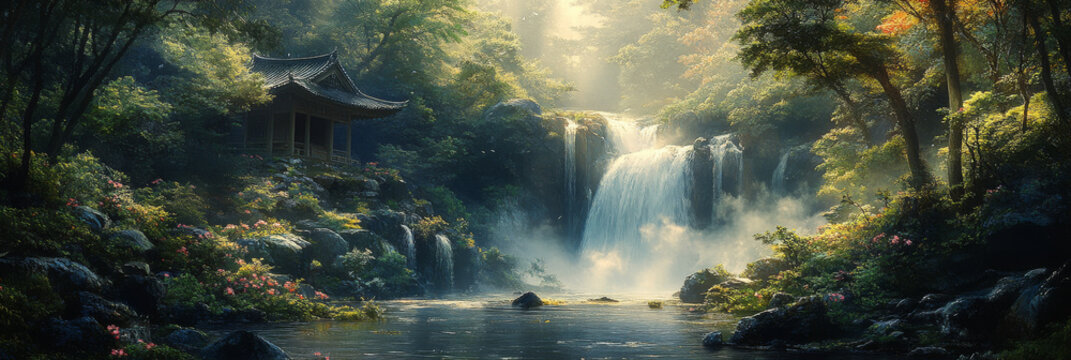 Tranquil waterfall cascading through a lush forest in a serene setting.
