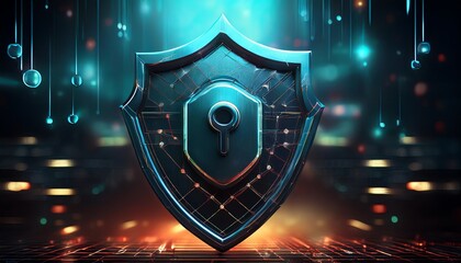 A futuristic shield symbolizing security, featuring a keyhole, illuminated by glowing blue and orange lights, set against a digital backdrop.
