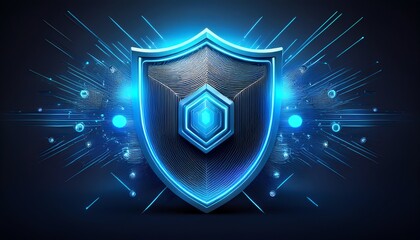 A futuristic blue shield design representing digital security and protection, with a vibrant backdrop of technology elements.