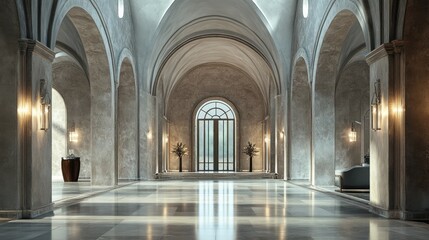 Beautifully designed interior of an arch building with soft lighting and elegant features, captured in detailed 3D architectural rendering