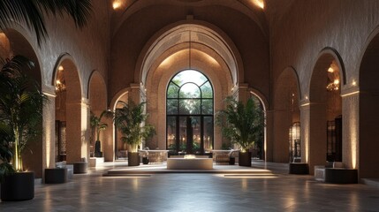 Obraz premium Beautifully designed interior of an arch building with soft lighting and elegant features, captured in detailed 3D architectural rendering