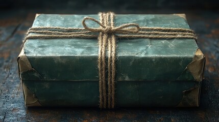 Vintage Gift Box Tied with Rustic Rope on Wooden Background