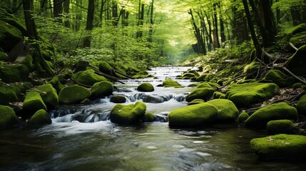 A serene stream flows gently through a lush green forest in early springtime