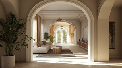 Elegant 3D design of an arch building interior, featuring spacious rooms, modern decor, and detailed architectural elements