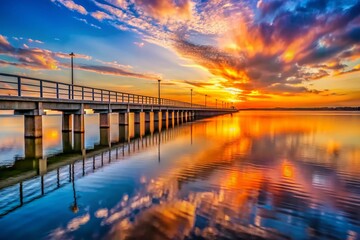 Fototapeta premium Scenic Lavon Dam Fishing Pier at Sunset with Calm Waters and Vibrant Sky Reflections in Texas