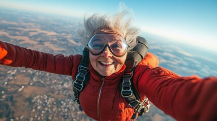 mature woman experiencing the thrill of skydiving while taking a selfie showcasing joy, freedom, and the excitement of embracing life at any age