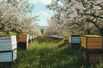 Nurturing Nature: A Field of Beehives Placed Near Blooming Apple Trees, Sustaining the Ecosystem