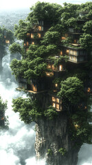 Fototapeta premium A futuristic treehouse on a clifftop, surrounded by clouds.