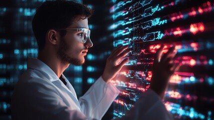 A young scientist with safety goggles interacts with a glowing, abstract digital interface.