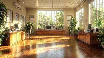 Fototapeta premium Modern Office Interior with Large Windows Sunlight and Plants