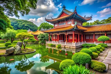 Naklejka premium Serene Confucius Temple Surrounded by Lush Greenery and Elegant Architecture in Tranquil Setting