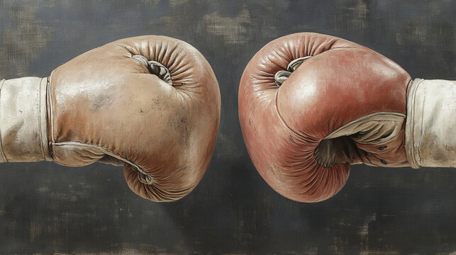 Two well-worn boxing gloves face off, ready for a fight.