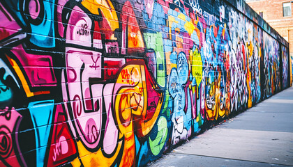 Obraz premium A graffiti-covered urban wall, showcasing vibrant colors, bold lines, and an edgy, artistic vibe